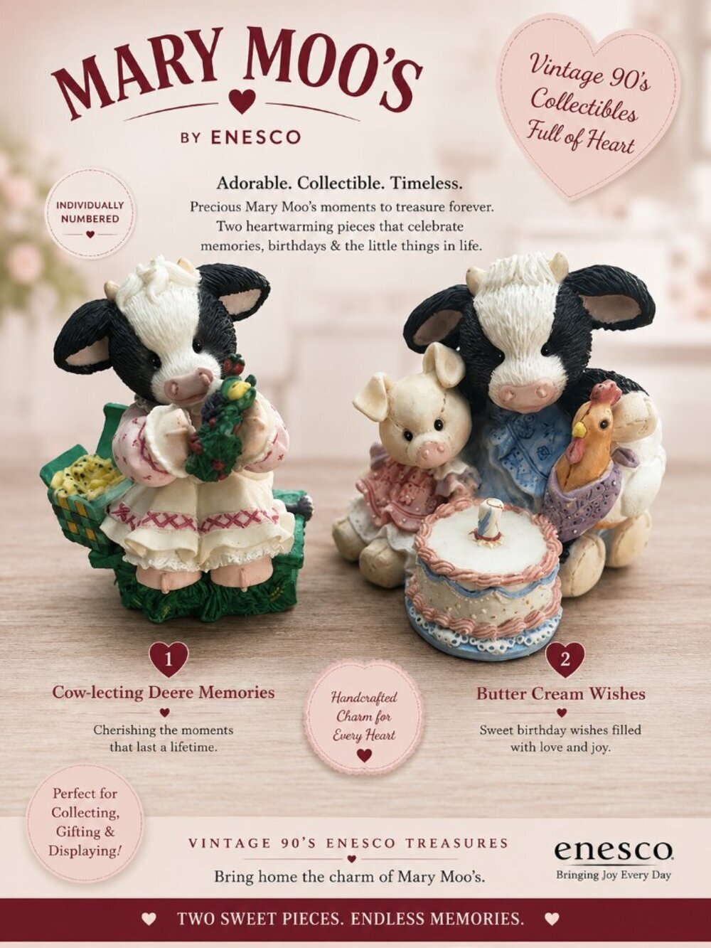 Enesco Mary Moo's Vintage 90s Butter Cream Wishes Cow-lecting Deere Memories